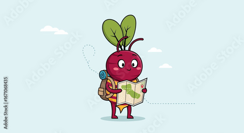 Beetroot Character Embarking On A Journey, Navigating Adventure, Exploring Landscapes