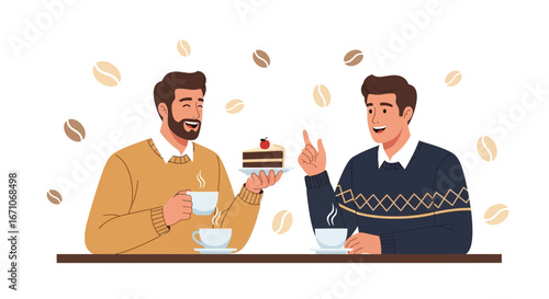 Cheerful Friends Sharing Coffee And Cake, Enjoying Pleasant Moments Together