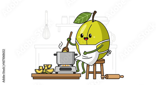 Cheerful Fruit Creature Busy Cooking Tasty Food Preparing Meal In The Kitchen Environment