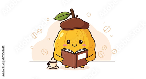 Cheerful Fruit Reading A Book With Coffee, Perfect For Children's Illustrations