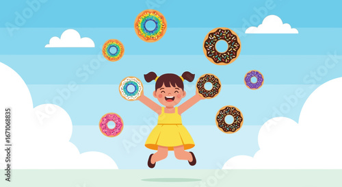 Cheerful Girl Joyfully Playing With Donuts, Artistic Illustration Underneath A Blue Sky