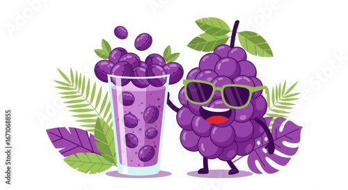 Cheerful Grape Character With Juice and Sunglasses, Healthy Summer Refreshment