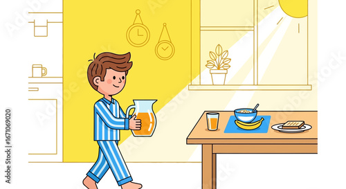 Boy Carrying Juice Toward Breakfast Table, Simple Morning Routine Illustration