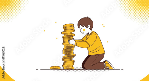 Boy Constructing a Stack of Delicious Pancakes, Conceptual Illustration for Social Media