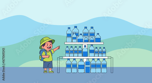 Boy Excites To Drink Water Illustrative Depiction Of Water Bottles On Display To Quench Thirst