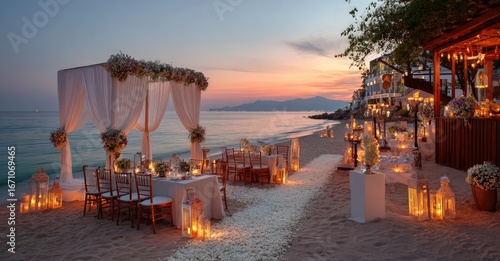 Beach wedding reception at sunset