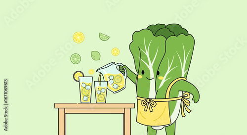 Cheerful Lettuce Character Preparing Lemonade With Fresh Citrus Drinks On Table