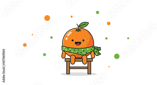 Cheerful Orange Cartoon Character Relaxing Happily and Adorably on a Wooden Stool