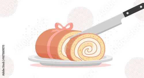 Cake Roll Sliced With Knife On A Plate Ready To Be Served In Vector Illustration