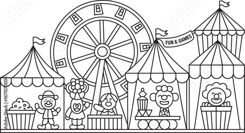 Carnival Scene Line Art Festive Fairground Illustration for Creative Designs