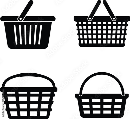 Set of Four Black Silhouette Shopping Baskets in Different Styles grocery basket market basket