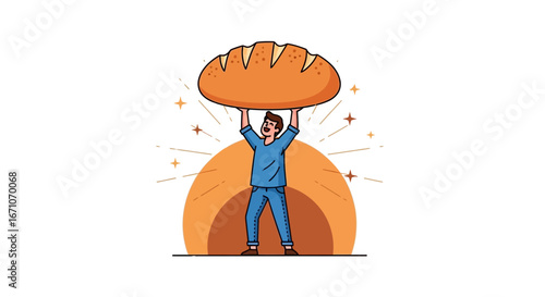 Cheerful Person Holding Up Huge Loaf Of Bread Depicting Strength And Achievement