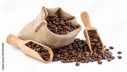 Specialty coffee beans isolated on white background. Includes roasted coffee, burlap sack, and wooden scoop, perfect for café, gourmet, and lifestyle branding