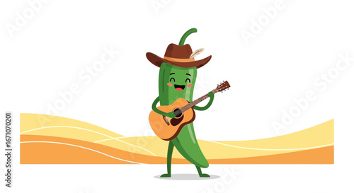 Cheerful Poblano Pepper Cowboy Strumming Guitar And Singing A Country Tune