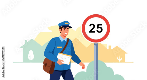 Cheerful Postman Delivering Mail With a Speed Limit Sign in a Suburban Neighborhood