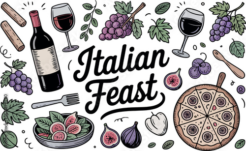 This vibrant and colorful illustration depicts an "Italian Feast," featuring a rich array of Italian culinary delights.