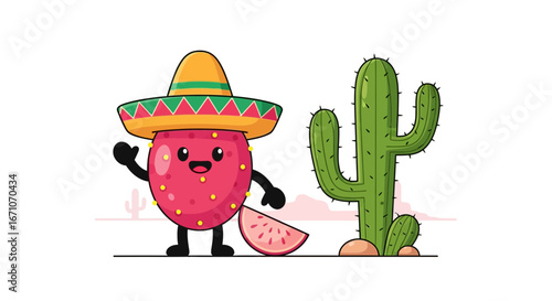 Cheerful Prickly Pear Cactus With Sombrero And Friendly Cactus Companion, Desert Landscape