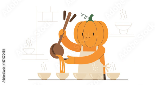 Cheerful Pumpkin Chef Pouring Soup In Bowls, A Delightful Culinary Illustration