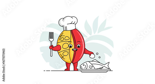 Cartoon Chef Presents Plate With Prepared Seafood In Minimalist Style With Illustration