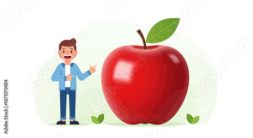 Cheerful Presenter Points To A Giant Vibrant Ripe Red Apple On A White Backdrop