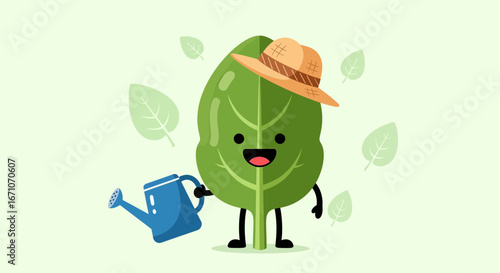 Cartoon Leaf Gardener With Watering Can Smiling Happily in Natural Environment