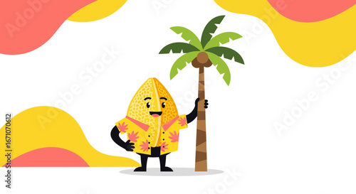 Cartoon Lemon Embracing Palm: A Cheerful Tropical Scene Infused With Playful Charm