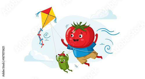 Cheerful Tomato And Pepper Embrace The Joy Of Flying A Kite On A Sunny Day