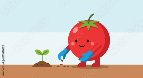 Cheerful Tomato Character Joyfully Sowing Seeds, Inspiring Growth And Nourishment Concept