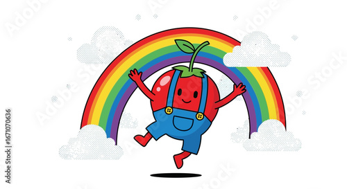Cheerful Tomato Character Jumps Towards Colorful Rainbows And Brightens The Day
