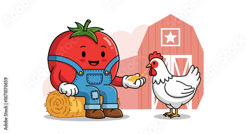 Cheerful Tomato Farmer Sharing Grains with a Smiling Chicken near the Barn Farm