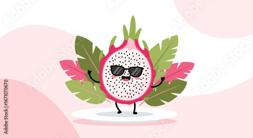 Cheerful Tropical Dragon Fruit Illustration with Sunglasses and Greenery on Pink Background