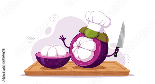 Cartoon Mangosteen Chef Preparing Fruit On A Wooden Board For Culinary Purposes