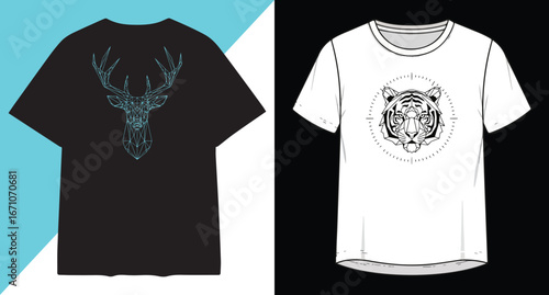 Stylish black and white t-shirts featuring detailed graphic designs for modern apparel