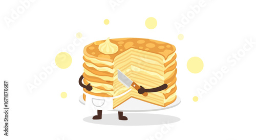 Cartoon Pancake Character Cutting Slice, Food Illustration In White Background, Isolated Dessert