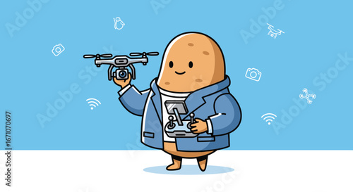 Cartoon Potato Pilot Shows Off Drone System And Wireless Connectivity On Blue Background