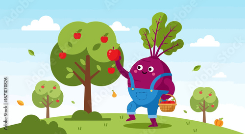 Cheerful Vegetable Harvesting Apples from The Tree on a Sunny Day Scene Presentation