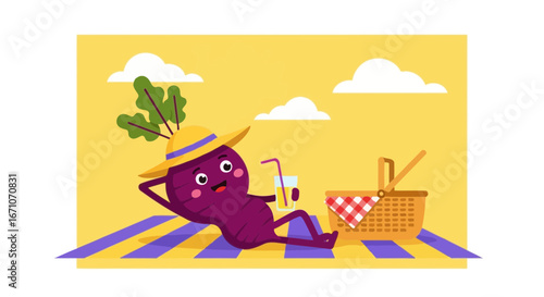 Cheerful Vegetable Person Relaxing On The Beach Enjoying Vacation With Juice And Picnic