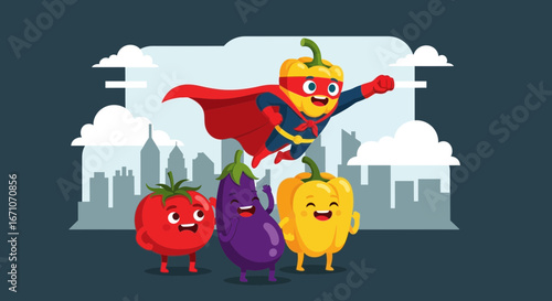 Cheerful Vegetable Superhero Flying to Save The City With Supporting Food Friends Illustrations