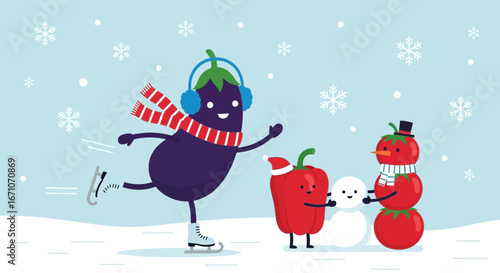 Cheerful Vegetables Celebrate Winter Fun With Ice Skating And Snowman Building
