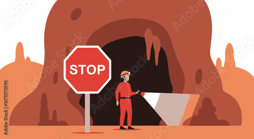 Cave Explorer Encountering A Stop Sign Warning About Potential Hazards Ahead