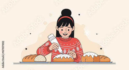 Cheerful Woman Decorates Festive Bread, Baking, and Culinary Delights for Holiday Season