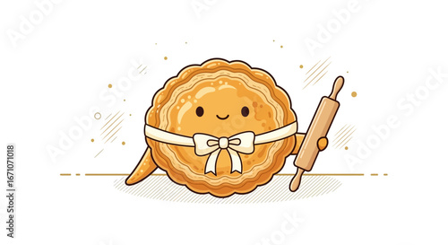 Charming Baked Treat Character With Bow And Rolling Pin, Illustrative Design
