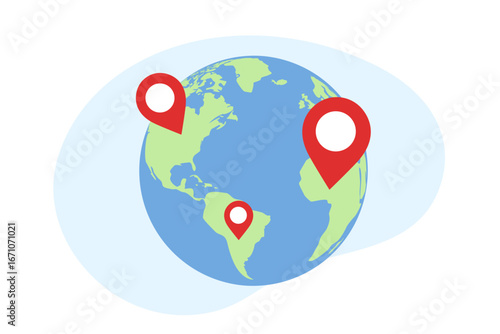 Earth globe with pinpoints online deliver service, delivery tracking and pin location point, shipping vector illustration