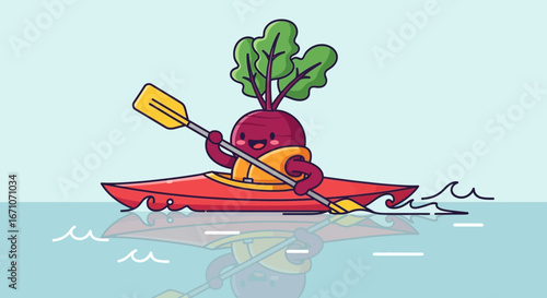 Charming Beetroot Enjoying Watersport Activities While Kayaking On A Tranquil Lake