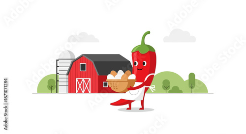 Charming Pepper Character With Eggs, Farm, And Wholesome Countryside Scene Depiction