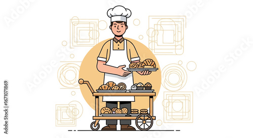 Animated Baker Selling Fresh Baked Goods from a Mobile Cart and Tray Presentation