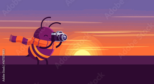 Animated Bee Capturing a Vivid Sunset with a Camera, Depicting a Magical Sunrise