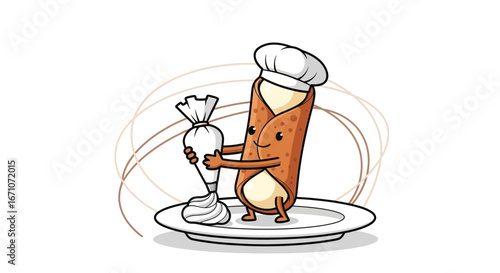 Animated Cannoli Chef Decorating Pastry Freshly Made For Display Or Advertising Purposes