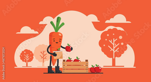 Animated Carrot Character Harvesting Apples in an Autumnal Orchard Scene Illustration