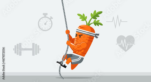 Animated Carrot Climbing Rope, Illustrating Fitness, Exercise, Healthy Lifestyle And Strength